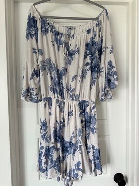 White & Blue Floral Off-Shoulder Romper